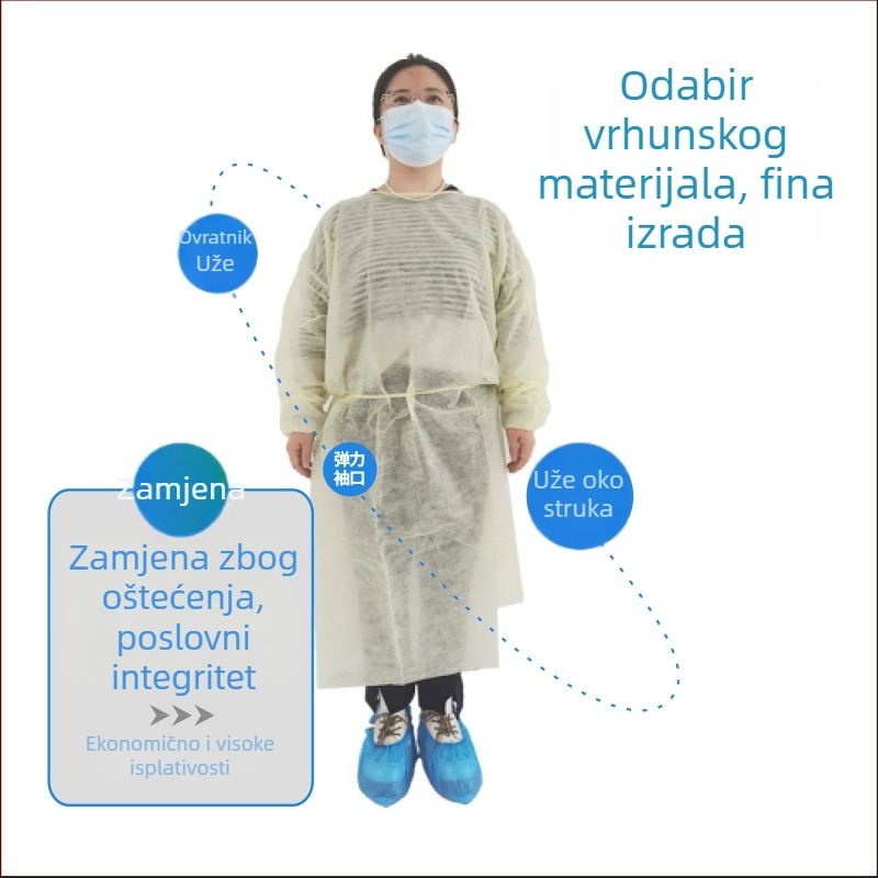 Jednokratna izolacijska haljina od netkanog SMS materijala, reverzibilna, prašini otporna, debeli model, za laboratorijsku upotrebu.