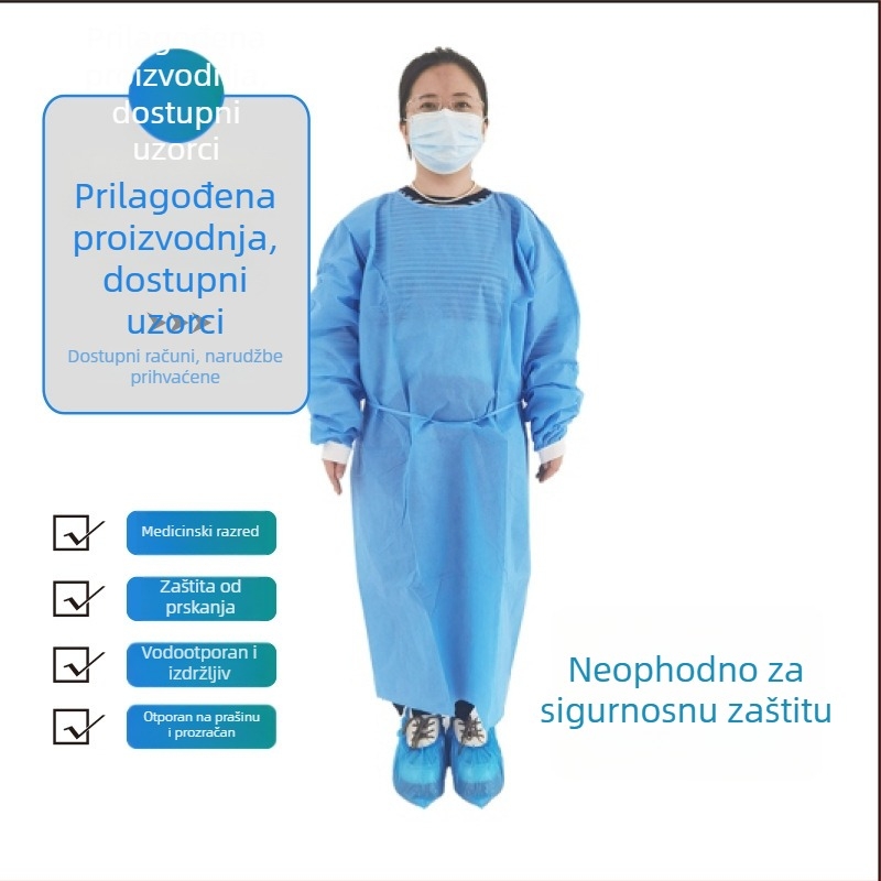 Jednokratna izolacijska haljina od netkanog SMS materijala, reverzibilna, prašini otporna, debeli model, za laboratorijsku upotrebu.