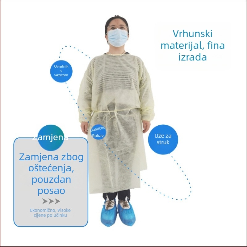 Jednokratna izolacijska haljina od netkanog SMS materijala, reverzibilna, prašini otporna, debeli model, za laboratorijsku upotrebu.