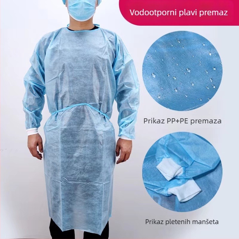 Jednokratna izolacijska haljina od netkanog SMS materijala, reverzibilna, prašini otporna, debeli model, za laboratorijsku upotrebu.