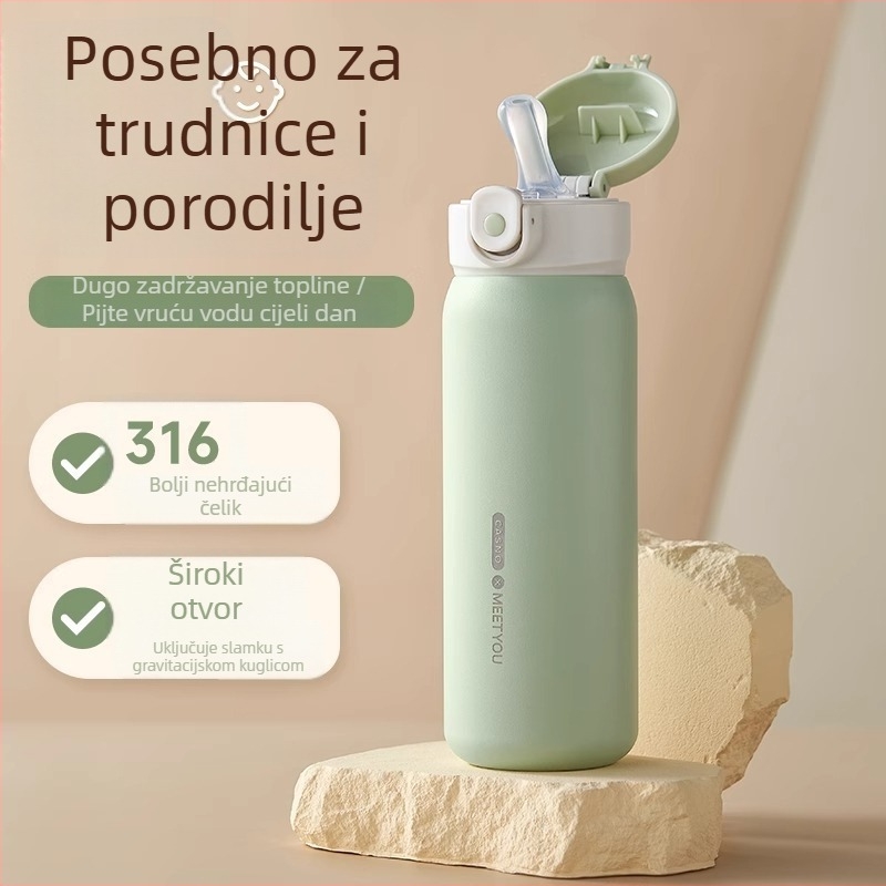 Izolirana čaša od nehrđajućeg čelika sa slamkom; unutarnji 316, vanjski 304; drži topli ili hladni napitak 12–24 h; pogodna za žene, odrasle i djecu