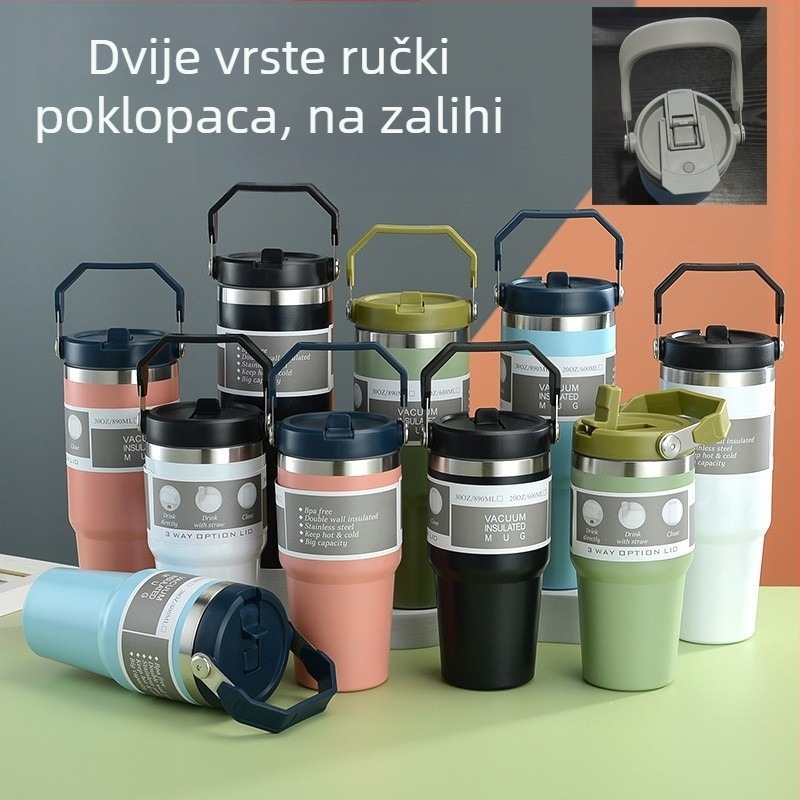 Izolirana čaša od nehrđajućeg čelika 304 za automobil, velika kapaciteta 20 oz/30 oz, s poklopcem i slamkom, održava tople ili hladne napitke