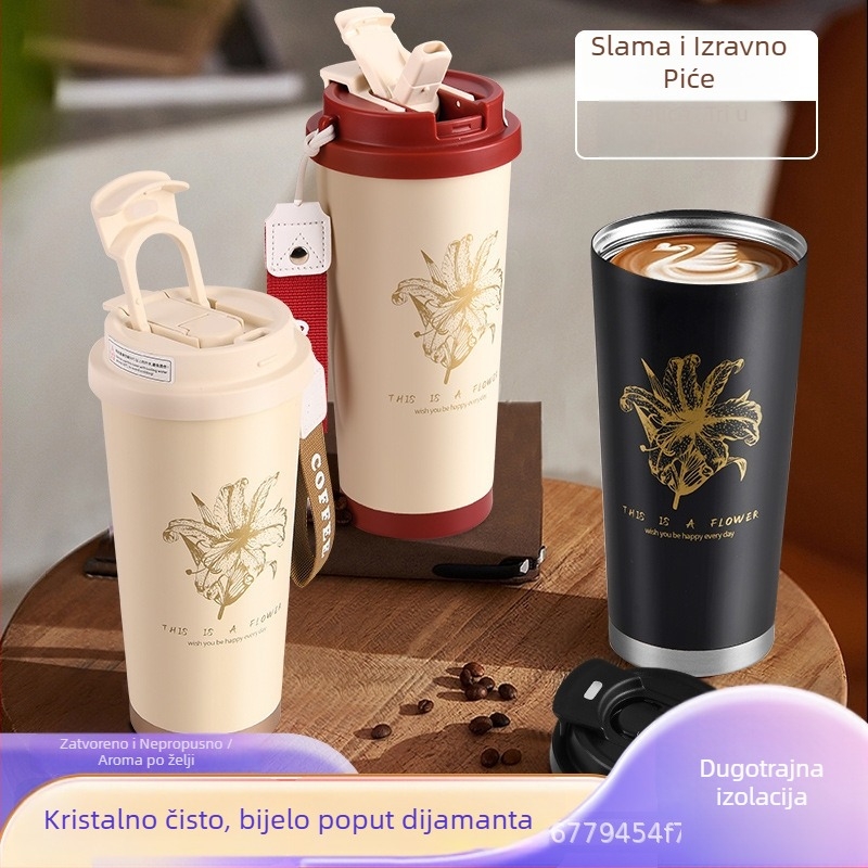 Lily of the Valley izolirana šalica od 316 nehrđajućeg čelika za žene — prijenosna vanjska termos šalica s ručkom od užeta