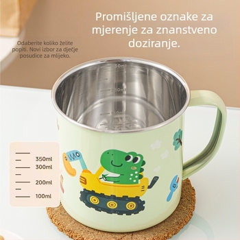Dječja čaša za vodu od 316 nerđajućeg čelika, prehrambena kvaliteta, za vrtić, s poklopcem i mjernom skalom, s motivom dinosaura