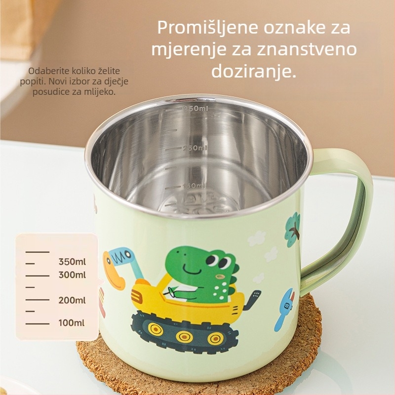 Dječja čaša za vodu od 316 nerđajućeg čelika, prehrambena kvaliteta, za vrtić, s poklopcem i mjernom skalom, s motivom dinosaura