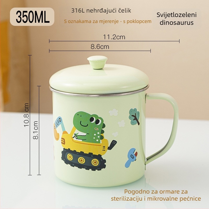 Dječja čaša za vodu od 316 nerđajućeg čelika, prehrambena kvaliteta, za vrtić, s poklopcem i mjernom skalom, s motivom dinosaura