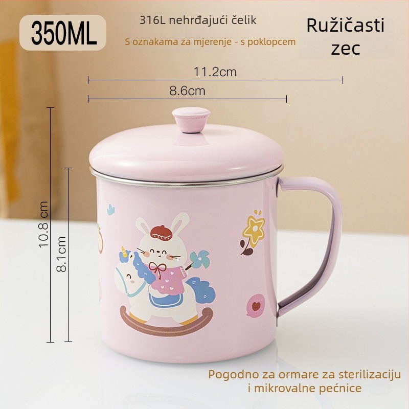 Dječja čaša za vodu od 316 nerđajućeg čelika, prehrambena kvaliteta, za vrtić, s poklopcem i mjernom skalom, s motivom dinosaura