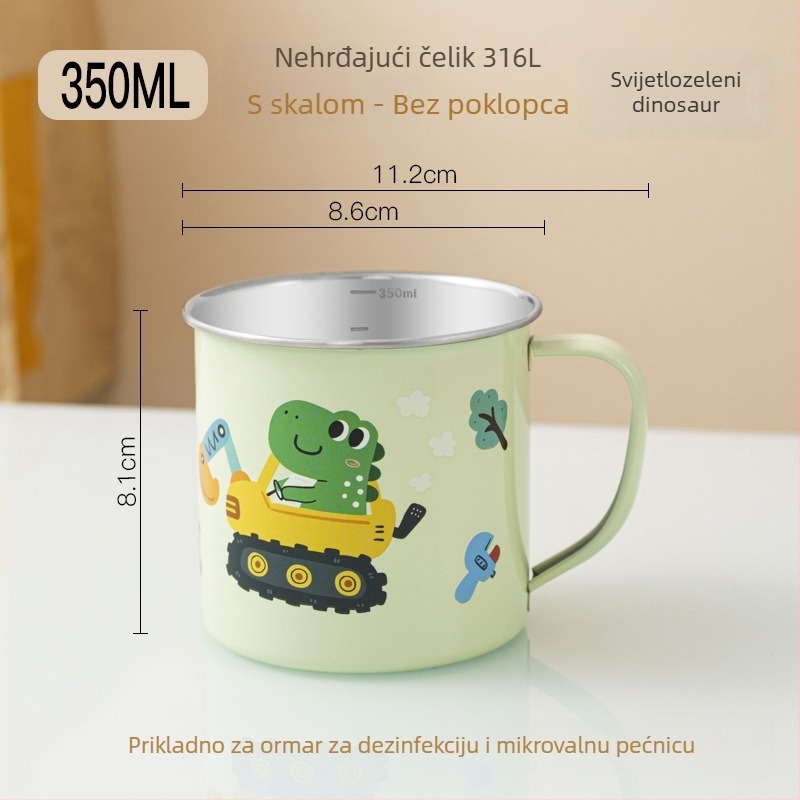 Dječja čaša za vodu od 316 nerđajućeg čelika, prehrambena kvaliteta, za vrtić, s poklopcem i mjernom skalom, s motivom dinosaura