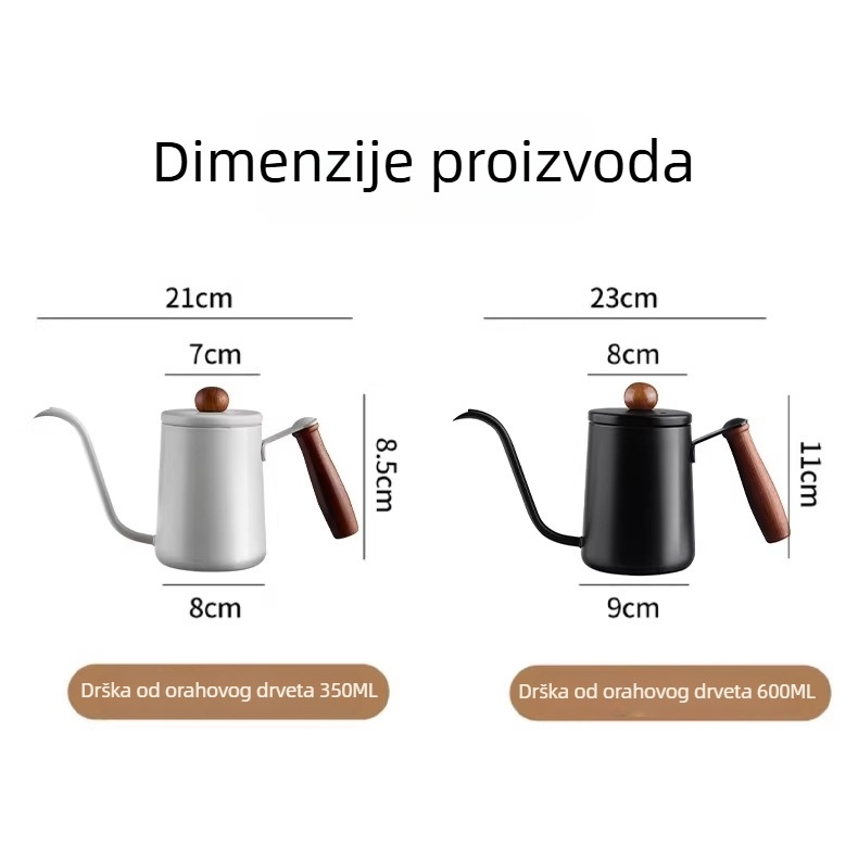 350 ml čajnik za pour-over s drškom od orahova drveta, od nehrđajućeg čelika 304, s mjernom skalom i dugim izljevom