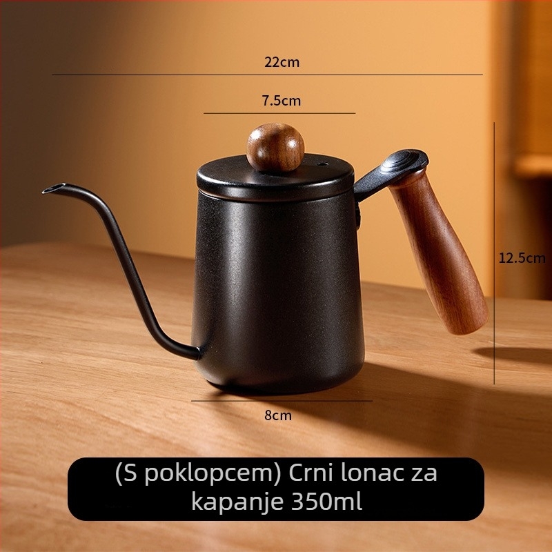 350 ml čajnik za pour-over s drškom od orahova drveta, od nehrđajućeg čelika 304, s mjernom skalom i dugim izljevom