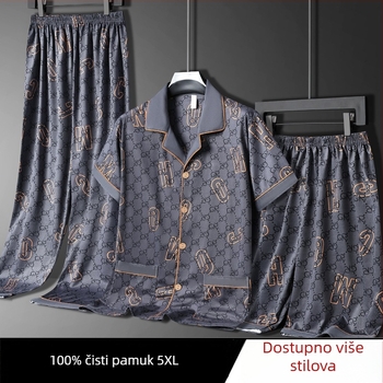 Muške ljetne pidžame, 100% pamuk, top s kratkim rukavima i duge hlače, lagani trodjelni kućni outfit, pogodan i za nošenje izvan kuće