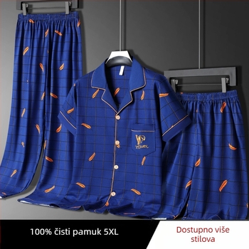 Muške ljetne pidžame, 100% pamuk, top s kratkim rukavima i duge hlače, lagani trodjelni kućni outfit, pogodan i za nošenje izvan kuće