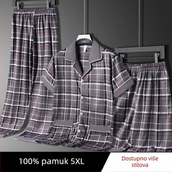 Muške ljetne pidžame, 100% pamuk, top s kratkim rukavima i duge hlače, lagani trodjelni kućni outfit, pogodan i za nošenje izvan kuće