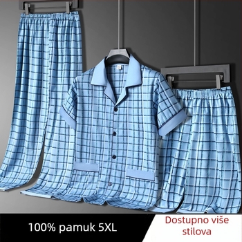 Muške ljetne pidžame, 100% pamuk, top s kratkim rukavima i duge hlače, lagani trodjelni kućni outfit, pogodan i za nošenje izvan kuće