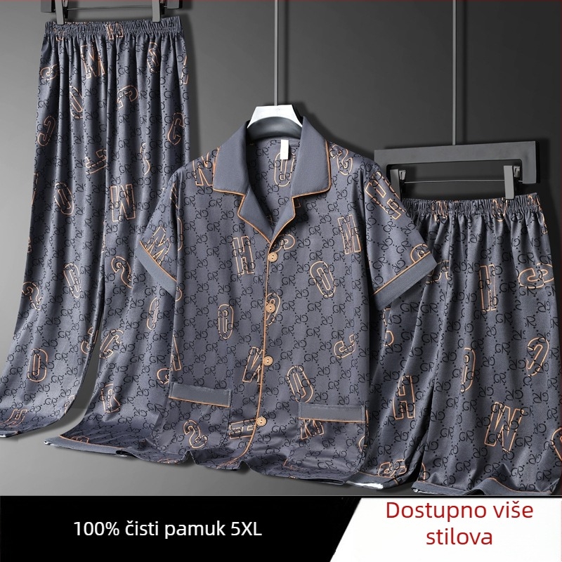 Muške ljetne pidžame, 100% pamuk, top s kratkim rukavima i duge hlače, lagani trodjelni kućni outfit, pogodan i za nošenje izvan kuće