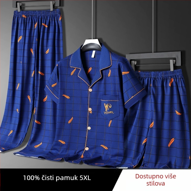 Muške ljetne pidžame, 100% pamuk, top s kratkim rukavima i duge hlače, lagani trodjelni kućni outfit, pogodan i za nošenje izvan kuće