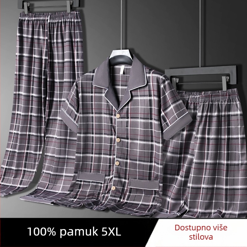 Muške ljetne pidžame, 100% pamuk, top s kratkim rukavima i duge hlače, lagani trodjelni kućni outfit, pogodan i za nošenje izvan kuće