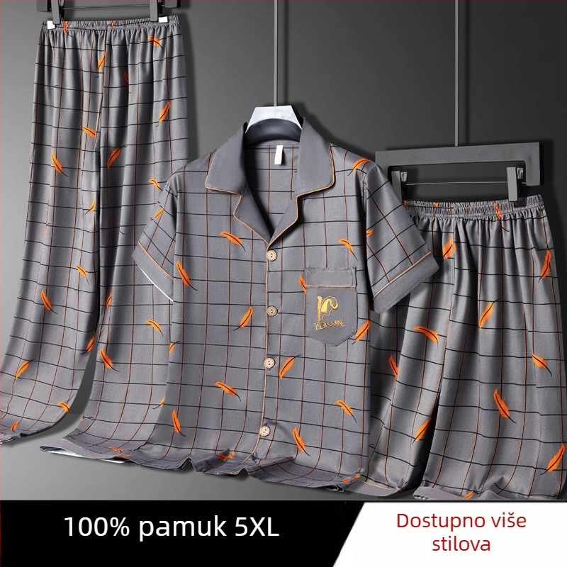 Muške ljetne pidžame, 100% pamuk, top s kratkim rukavima i duge hlače, lagani trodjelni kućni outfit, pogodan i za nošenje izvan kuće