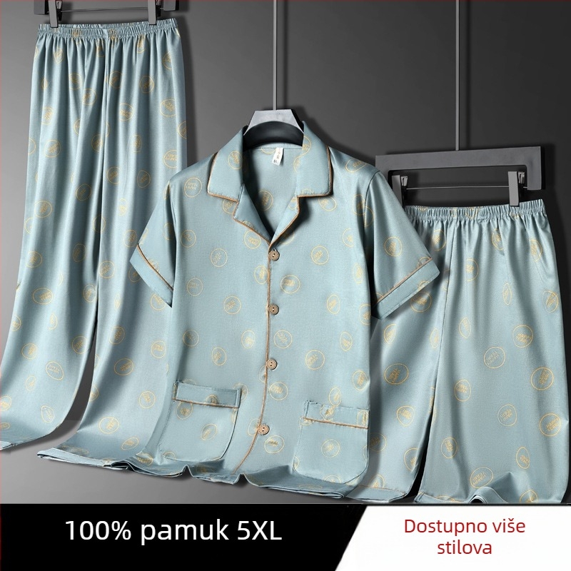 Muške ljetne pidžame, 100% pamuk, top s kratkim rukavima i duge hlače, lagani trodjelni kućni outfit, pogodan i za nošenje izvan kuće