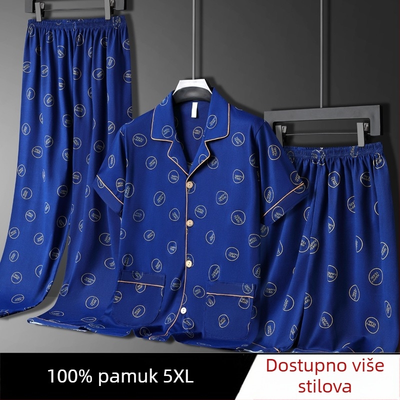 Muške ljetne pidžame, 100% pamuk, top s kratkim rukavima i duge hlače, lagani trodjelni kućni outfit, pogodan i za nošenje izvan kuće
