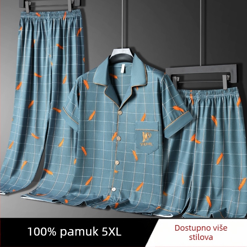 Muške ljetne pidžame, 100% pamuk, top s kratkim rukavima i duge hlače, lagani trodjelni kućni outfit, pogodan i za nošenje izvan kuće
