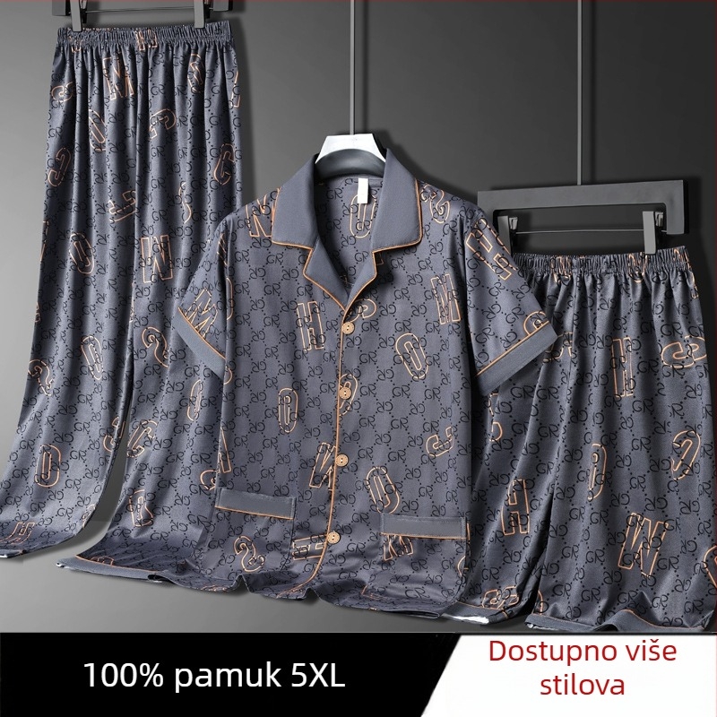 Muške ljetne pidžame, 100% pamuk, top s kratkim rukavima i duge hlače, lagani trodjelni kućni outfit, pogodan i za nošenje izvan kuće