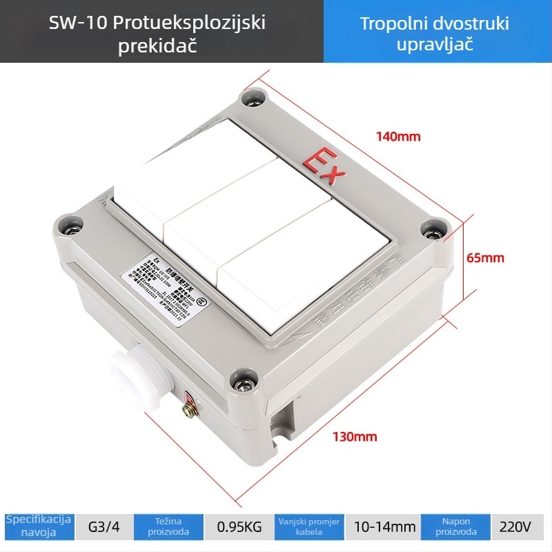 Eksplozijski otporan zidni prekidač, 220V/380V, montaža na površinu, rotirajući jednopolski/dvopolni osigurač, industrijski vodootporni prekidač
