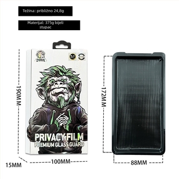 Gorilla kutija za pakiranje zaštitnog filma za zaslon za privatnost mobilnog telefona, kaljeni film, 3D unutarnja ladica i plastični kuka