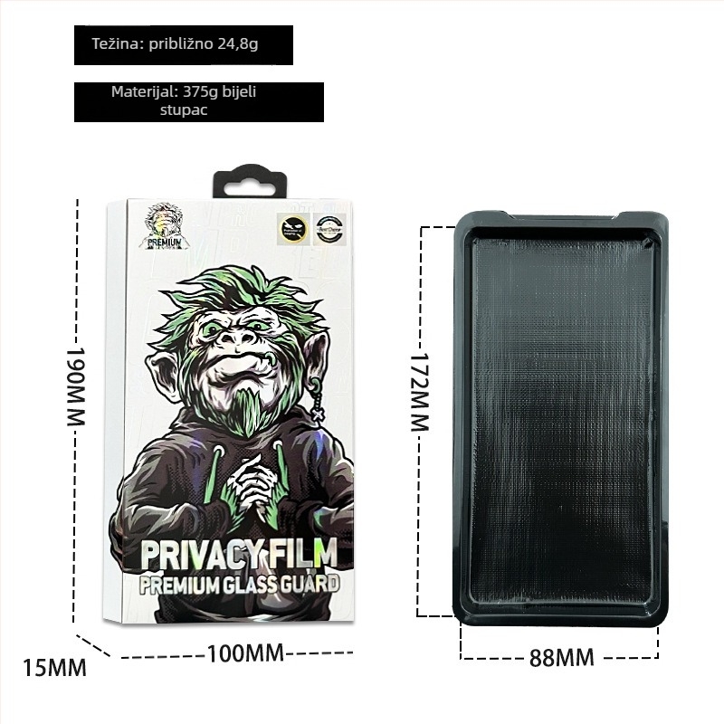 Gorilla kutija za pakiranje zaštitnog filma za zaslon za privatnost mobilnog telefona, kaljeni film, 3D unutarnja ladica i plastični kuka