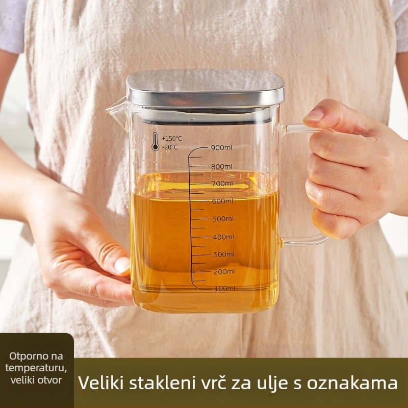 Posuda za ulje od borosilikatnog stakla s drškom, otporna na visoke temperature, kvadratna mjerna posuda s poklopcem, za ulje i čaj.