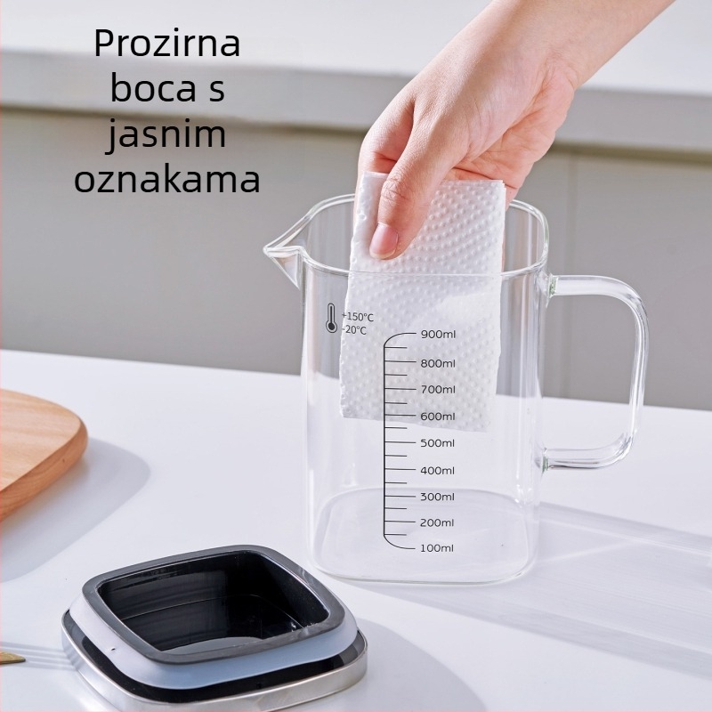 Posuda za ulje od borosilikatnog stakla s drškom, otporna na visoke temperature, kvadratna mjerna posuda s poklopcem, za ulje i čaj.