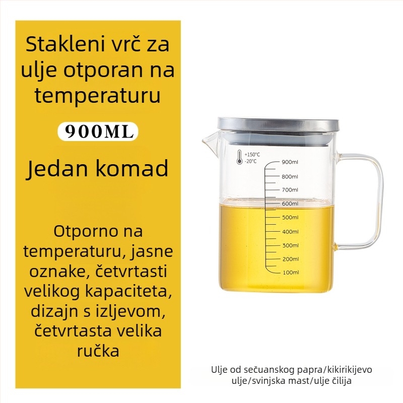 Posuda za ulje od borosilikatnog stakla s drškom, otporna na visoke temperature, kvadratna mjerna posuda s poklopcem, za ulje i čaj.