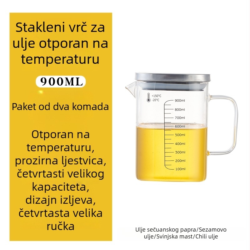 Posuda za ulje od borosilikatnog stakla s drškom, otporna na visoke temperature, kvadratna mjerna posuda s poklopcem, za ulje i čaj.