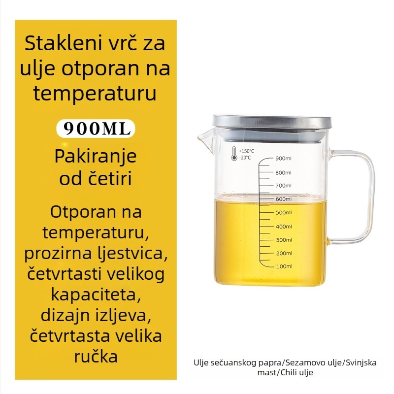 Posuda za ulje od borosilikatnog stakla s drškom, otporna na visoke temperature, kvadratna mjerna posuda s poklopcem, za ulje i čaj.
