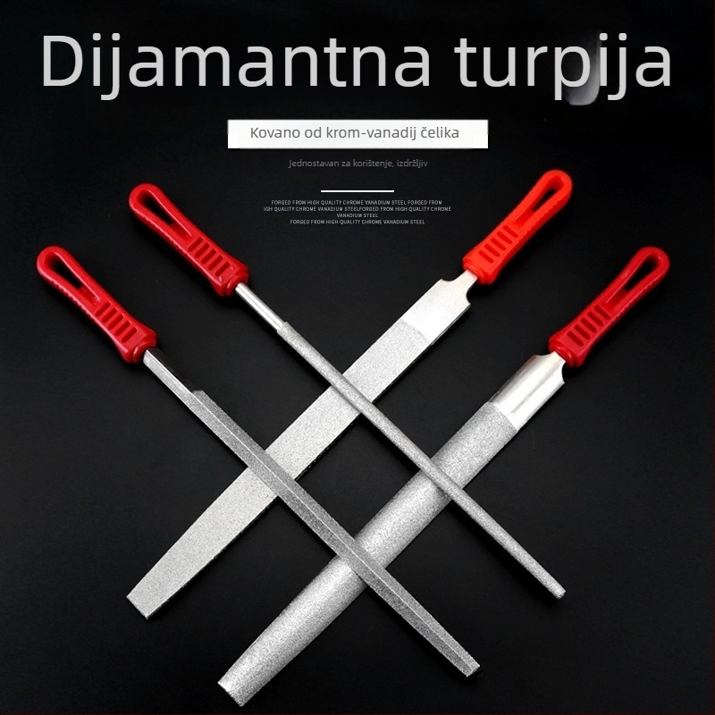 Set dijamantnih datoteka različitih profila: ravni, trokutasti, okrugli, četvrtasti i polukružni; elektropliratirani dijamantni abraziv; veličine 6, 8, 10 i 12 inča; pogodan za metal i kamen