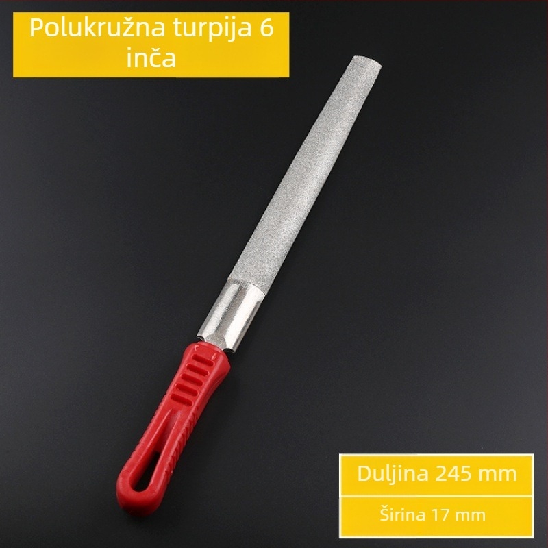 Set dijamantnih datoteka različitih profila: ravni, trokutasti, okrugli, četvrtasti i polukružni; elektropliratirani dijamantni abraziv; veličine 6, 8, 10 i 12 inča; pogodan za metal i kamen