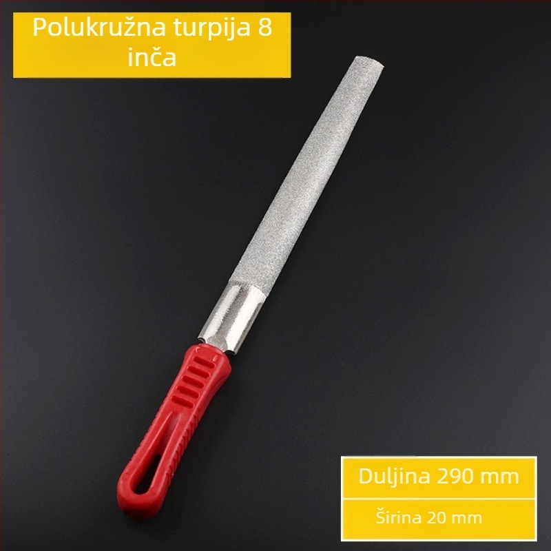 Set dijamantnih datoteka različitih profila: ravni, trokutasti, okrugli, četvrtasti i polukružni; elektropliratirani dijamantni abraziv; veličine 6, 8, 10 i 12 inča; pogodan za metal i kamen