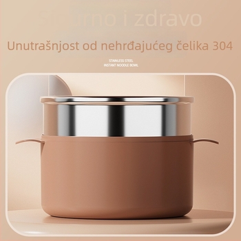 304 nehrđajući čelik zdjela za rezance s poklopcem, dvostruki sloj, medvjed dizajn, za ramen i instant rezance, s integriranim odvajanjem vode, mikrovalna sigurna, idealna za studentske domove
