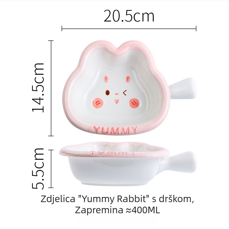 Keramički dječji set posuđa s preslatkim Yami zeko, zdjela za rižu s držačem, tanjur za knedle, ručno oslikan pod glazurom