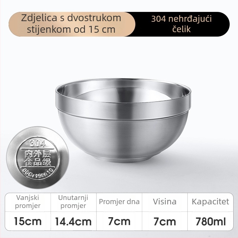 304 nehrđajući čelik, dvostruko izolirana zdjela za salatu, rezance, rižu i juhu - za školu i kućnu upotrebu
