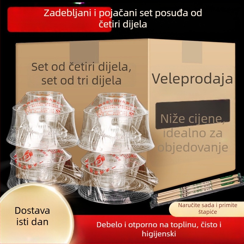Set jednorazne posude za jelo: četverodijelni set s zdjelama i štapićima za jelo, debeli tvrdi plast, za piknik, roštilj i kućnu uporabu