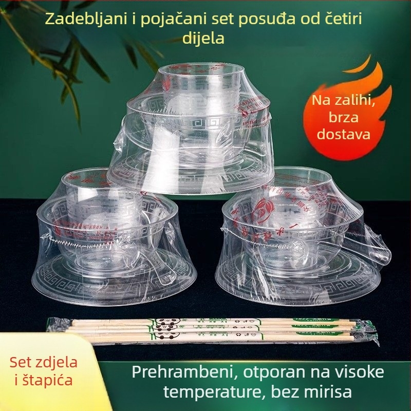Set jednorazne posude za jelo: četverodijelni set s zdjelama i štapićima za jelo, debeli tvrdi plast, za piknik, roštilj i kućnu uporabu