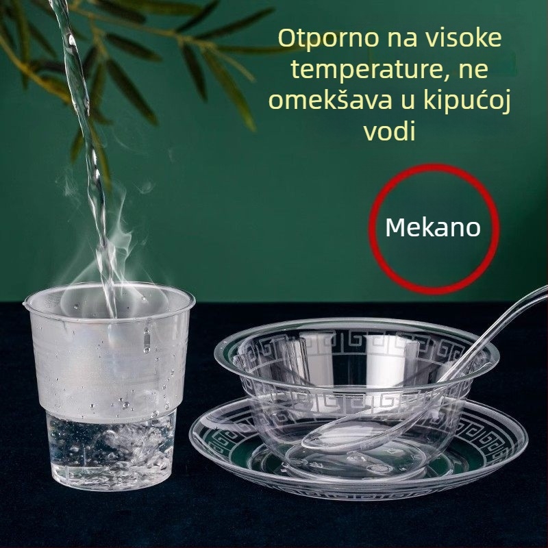 Set jednorazne posude za jelo: četverodijelni set s zdjelama i štapićima za jelo, debeli tvrdi plast, za piknik, roštilj i kućnu uporabu