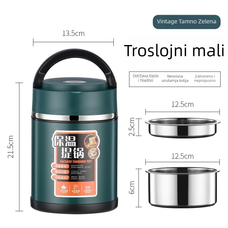 Izolirana kutija za obrok od nehrđajućeg čelika 304 s držačem, višedjelna pretinica, velik kapacitet, dvostruko izolirana posuda
