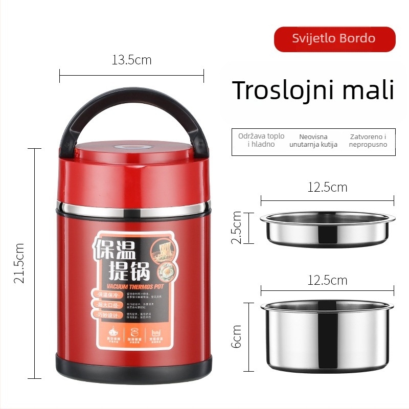 Izolirana kutija za obrok od nehrđajućeg čelika 304 s držačem, višedjelna pretinica, velik kapacitet, dvostruko izolirana posuda