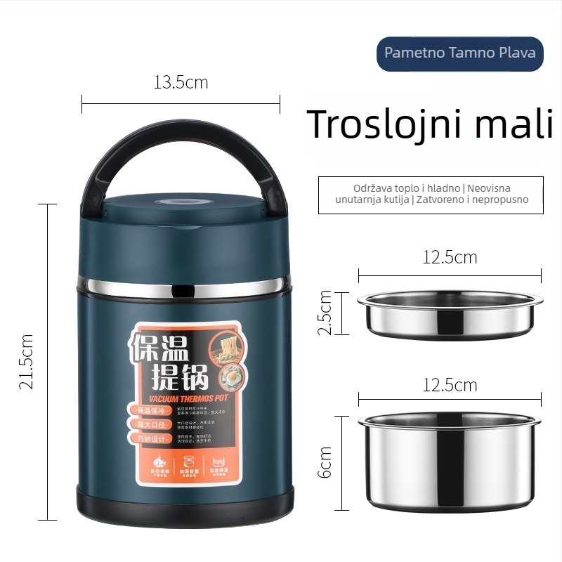 Izolirana kutija za obrok od nehrđajućeg čelika 304 s držačem, višedjelna pretinica, velik kapacitet, dvostruko izolirana posuda