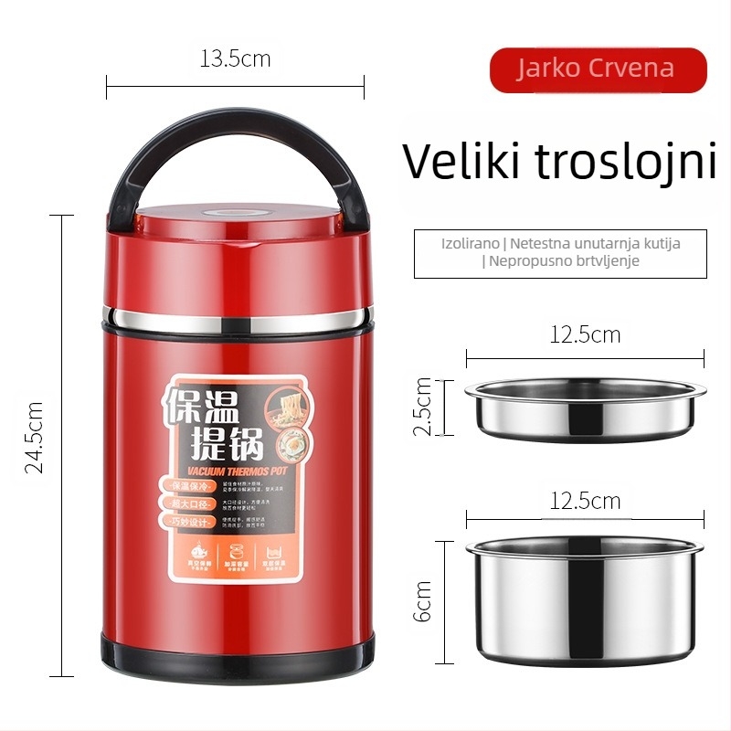 Izolirana kutija za obrok od nehrđajućeg čelika 304 s držačem, višedjelna pretinica, velik kapacitet, dvostruko izolirana posuda