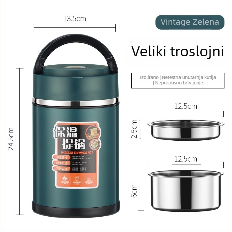 Izolirana kutija za obrok od nehrđajućeg čelika 304 s držačem, višedjelna pretinica, velik kapacitet, dvostruko izolirana posuda