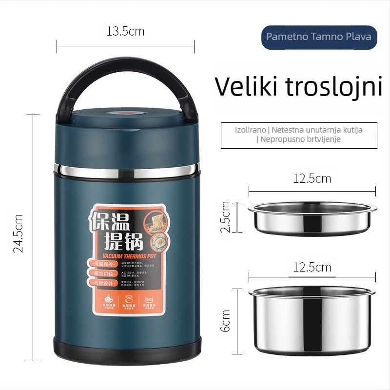 Izolirana kutija za obrok od nehrđajućeg čelika 304 s držačem, višedjelna pretinica, velik kapacitet, dvostruko izolirana posuda
