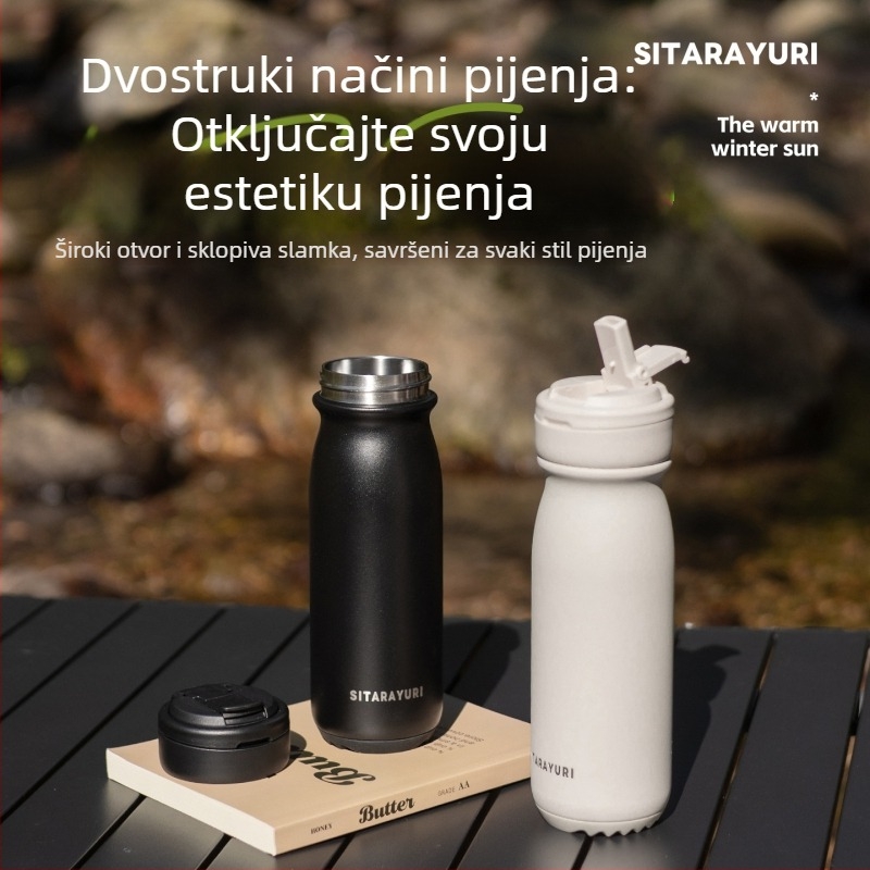 Izolirana čaša od 304 nehrđajućeg čelika, prijenosna sportska čaša, minimalistički dizajn, okretni poklop